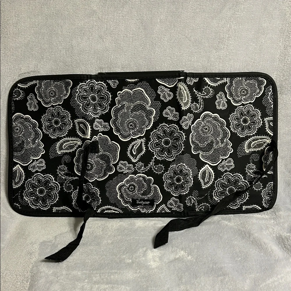 Thirty-One Tri-Fold & Go Organizer Black With White Lace Roses And Flowers NWOT